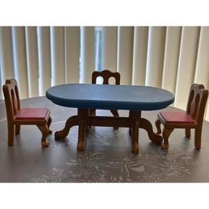 Vintage Little Tikes Dollhouse Furniture Blue Mansion Dining Table and 3 Chairs
